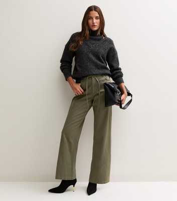 Khaki Cotton Drawstring Wide Leg Jeans