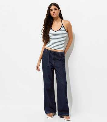 Navy Tie Waist Wide Leg Jeans