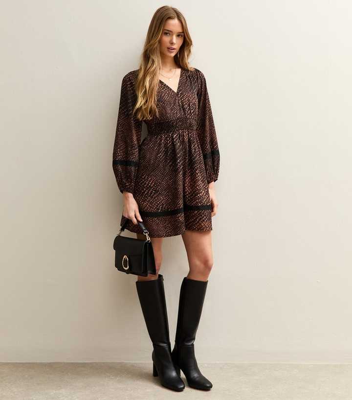 Brown Animal Print Long Sleeve Mini Dress