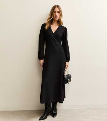 Black Crinkle Wrap Midi Dress