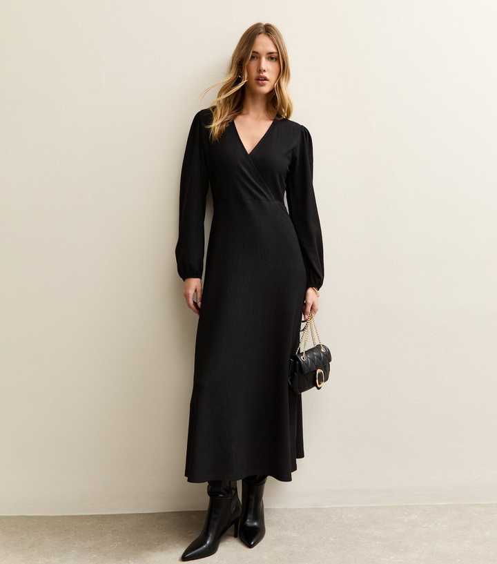 Black Crinkle Wrap Midi Dress