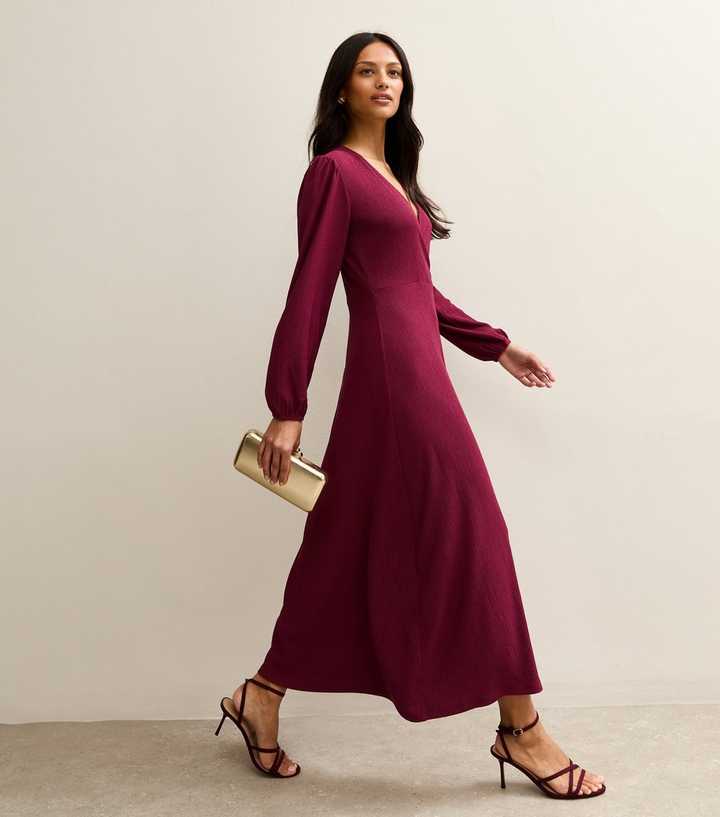 Dark Burgundy Crinkle Wrap Midi Dress