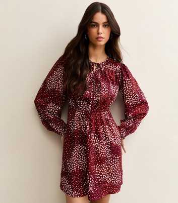 Red Crepe Abstract Print Tie Front Smock Mini Dress