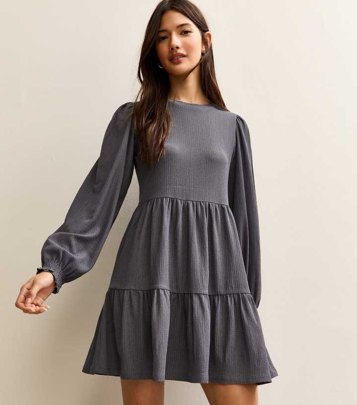 Dark Grey Crinkled Tiered Mini Dress | New Look