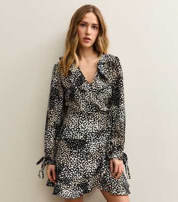 Brown Speckled Crepe Ruffle Wrap Mini Dress