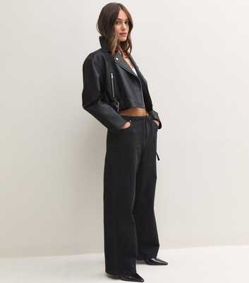 Petite Black Self Tie Drawcord Waist Wide Leg Jeans