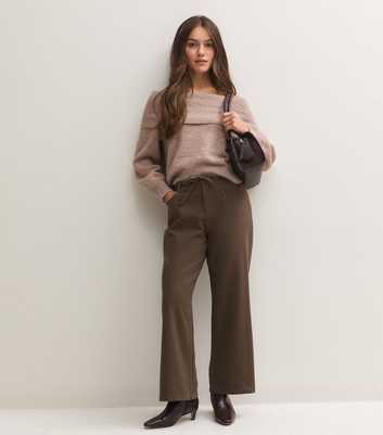Petite Brown Denim Self Tie Drawcord Waist Wide Leg Jeans