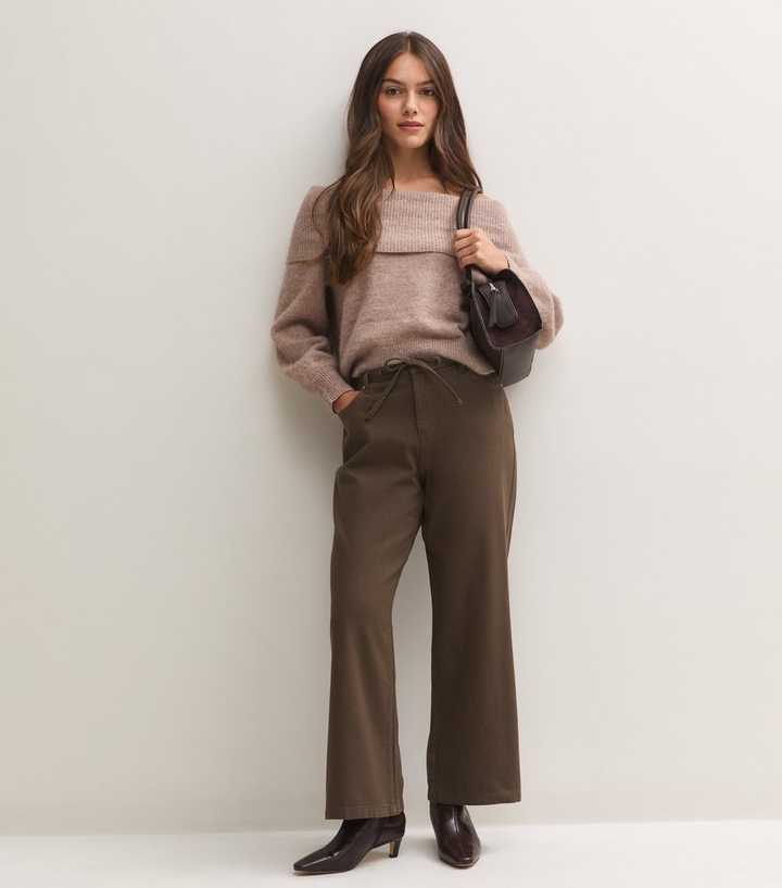 Petite Brown Denim Self Tie Drawcord Waist Wide Leg Jeans