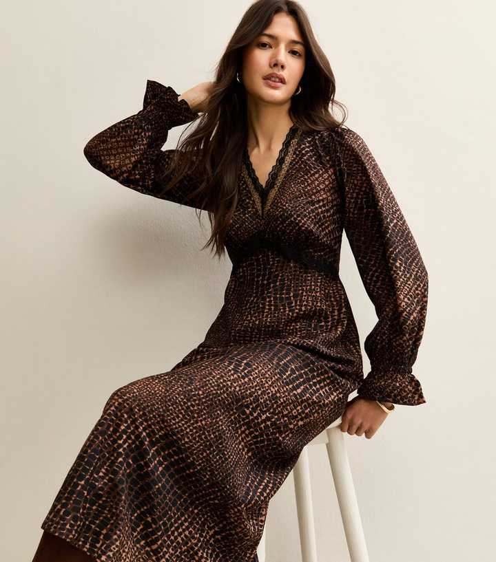 Brown Animal Print Lace Neck Midi Dress | New Look