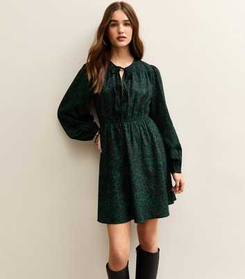 Green Animal Print Crepe Tie Front Mini Smock Dress