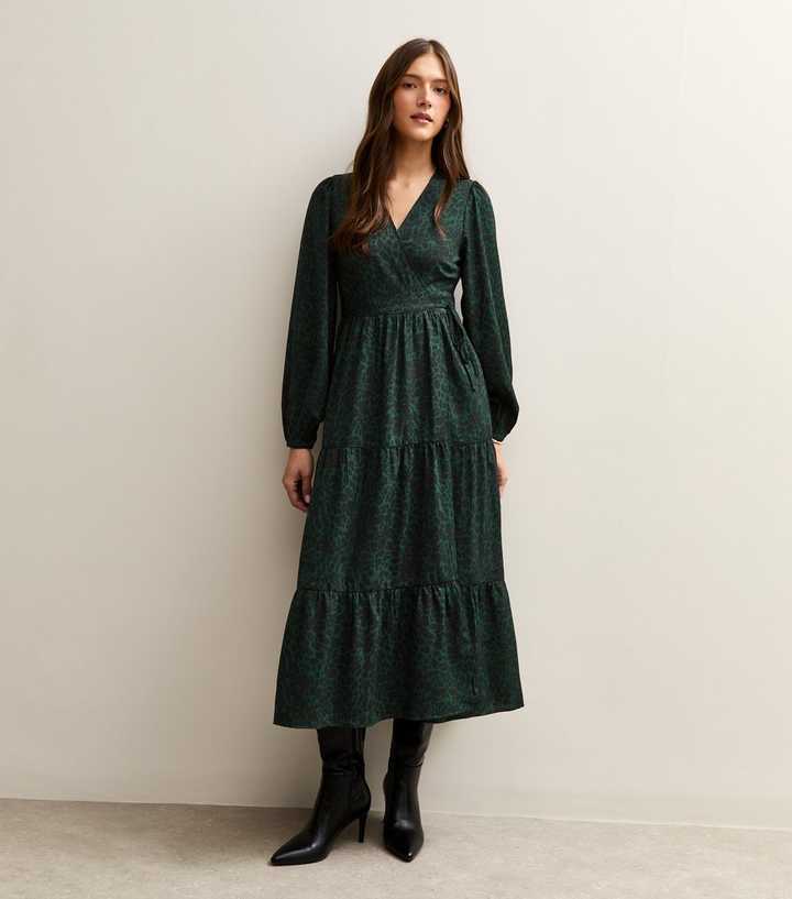 Dark Green Speckled Print Crepe Wrap Midi Dress