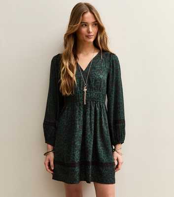 Green Animal Print Long Sleeve Mini Dress