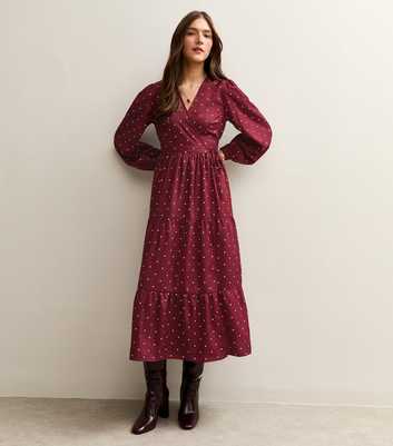 Red Crepe Polka Dot Wrap Midi Dress