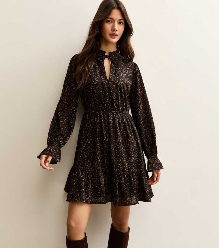 Brown Animal Print Tie Neck Mini Dress