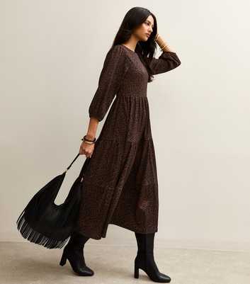 Brown Animal Print Crinkled Tiered Midi Dress