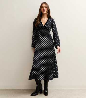 Black Polka Dot Flared Sleeve Velvet Detail Midi Dress