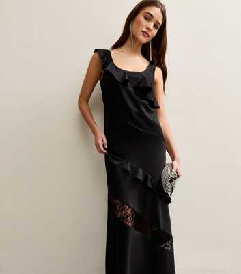 Black Ruffled Lace Trim Maxi Dress