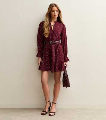 Red Chiffon Polka Dot Tie Neck Mini Dress