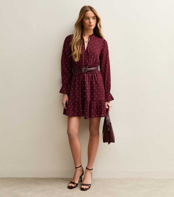 Red Chiffon Polka Dot Tie Neck Mini Dress