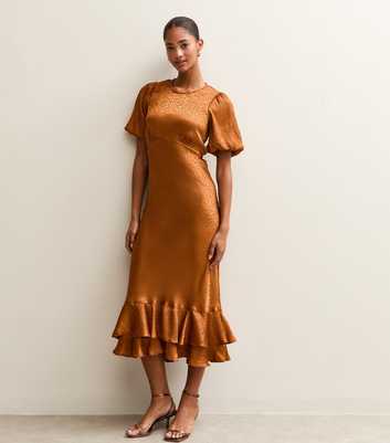 Light Brown Feather Jacquard Satin Midi Dress