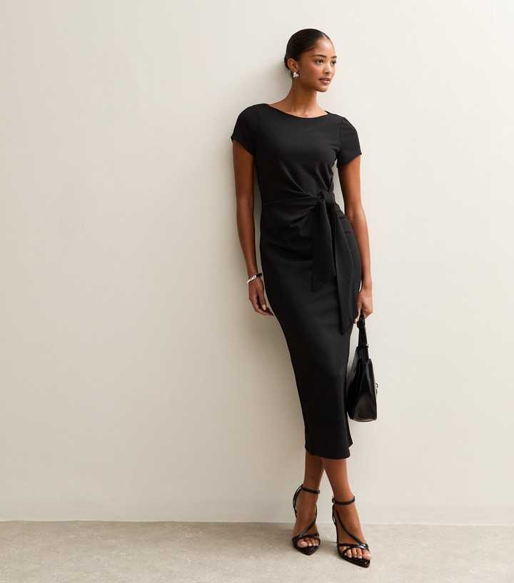 Black Tie Front Short Sleeve Midi Dress