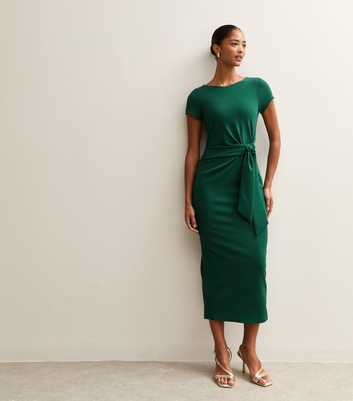 Dark Green Tie Front Short Sleeve Midi Dress