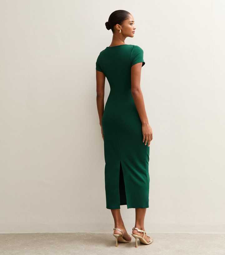Dark Green Tie Front Short Sleeve Midi Dress