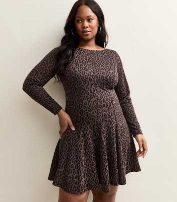 Curve Brown Long Sleeve Animal Print Skater Mini Dress