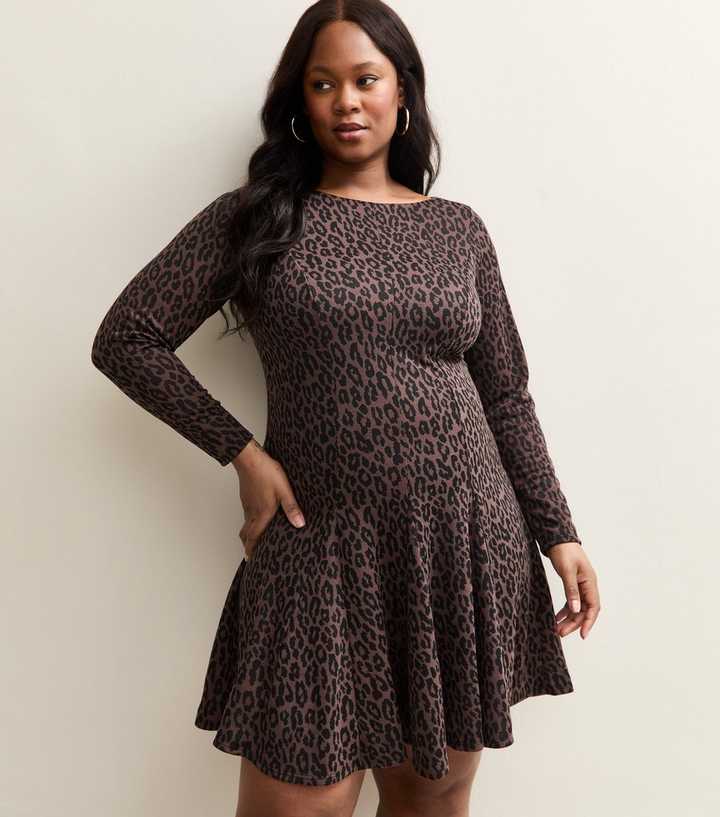 Curve Brown Long Sleeve Animal Print Skater Mini Dress