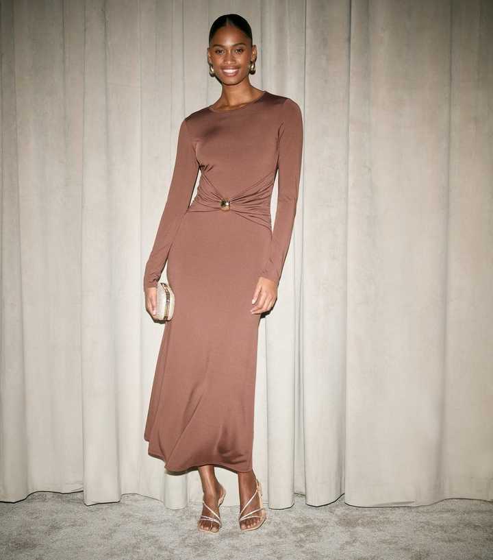 Dark Brown Gather Waist Long Sleeve Midi Dress