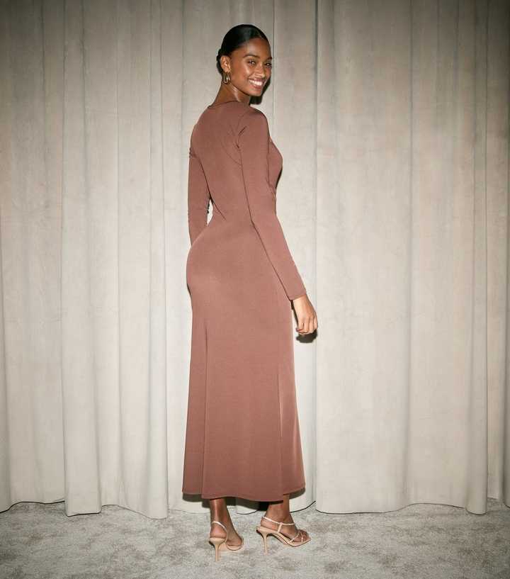 Dark Brown Gather Waist Long Sleeve Midi Dress | New Look