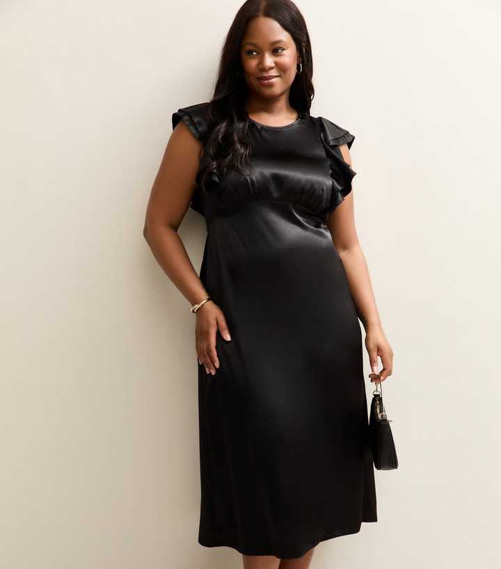 Curves Black Satin Ruffled Sleeve Midi Dress