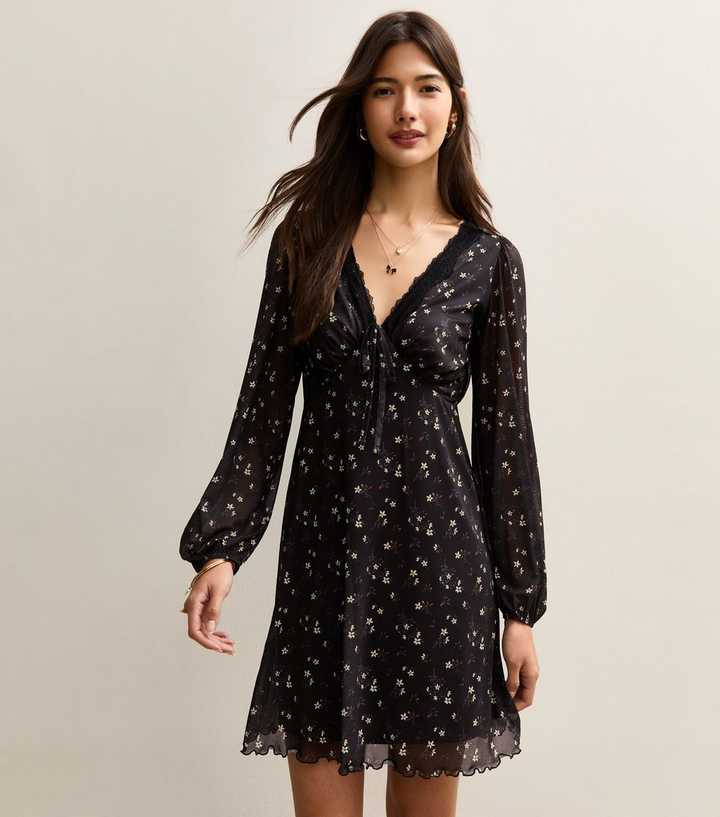 Black Floral Mesh Long Sleeve Mini Dress | New Look