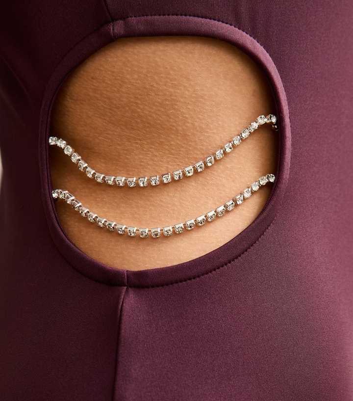 Dark Burgundy Side Cutout Diamante Chain Midi Dress | New Look