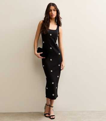 Black Diamante Flower Midi Dress