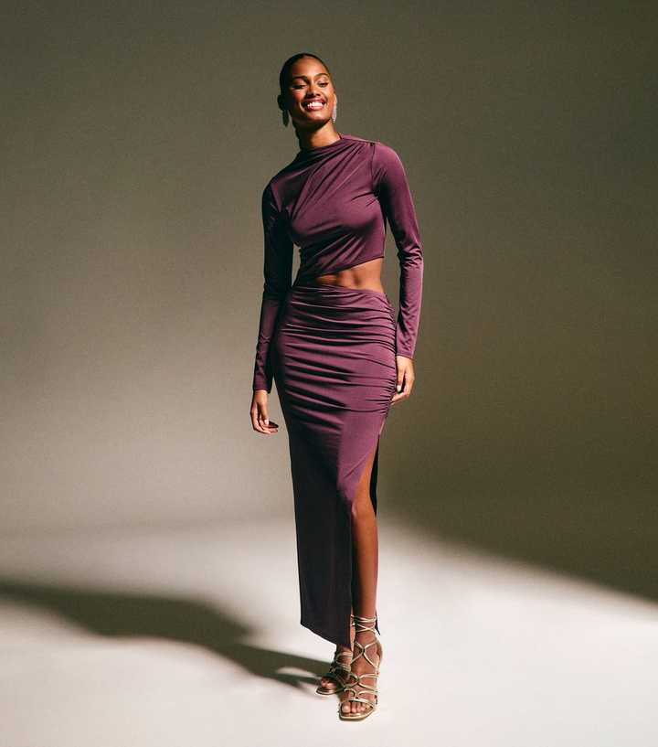 Dark Burgundy Draped Cut Out Midi Dress