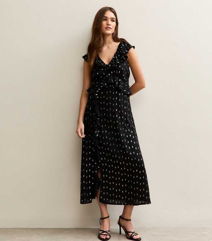 Black Gold Fleck Frill Midi Dress