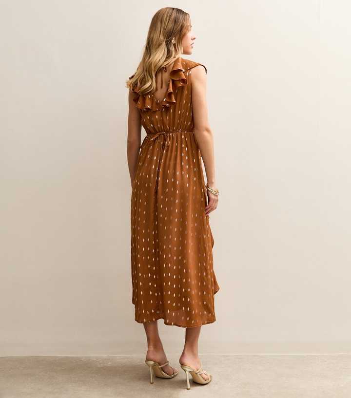 Tan Gold Fleck Frill Midi Dress | New Look Tan Gold Fleck Frill Midi Dress | New Look
