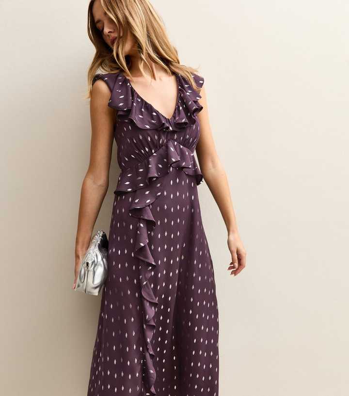 Dark Purple Gold Fleck Frill Midi Dress | New Look Dark Purple Gold Fleck Frill Midi Dress | New Look