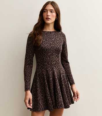 Brown Animal Pattern Long Sleeve Skater Mini Dress