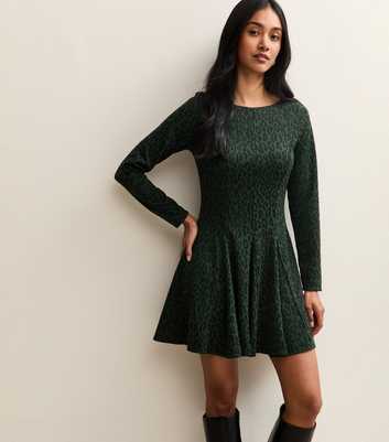Green Animal Pattern Long Sleeve Skater Mini Dress