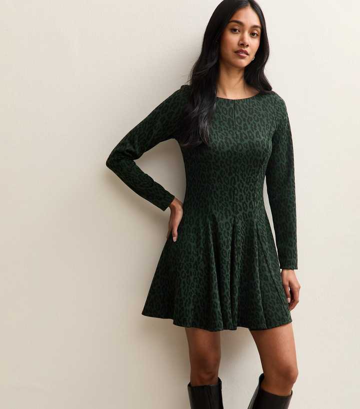 Green Animal Pattern Long Sleeve Skater Mini Dress