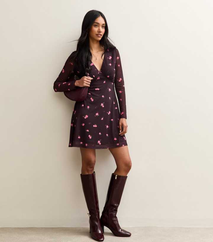 Dark Burgundy Floral Mesh Mini Dress