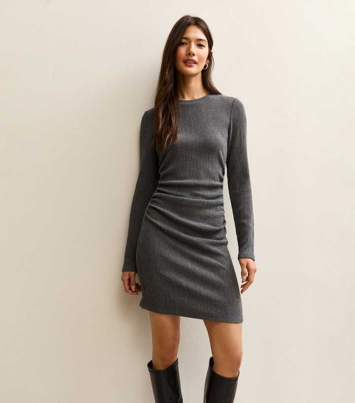 Dark Grey Textured Long Sleeve Mini Dress