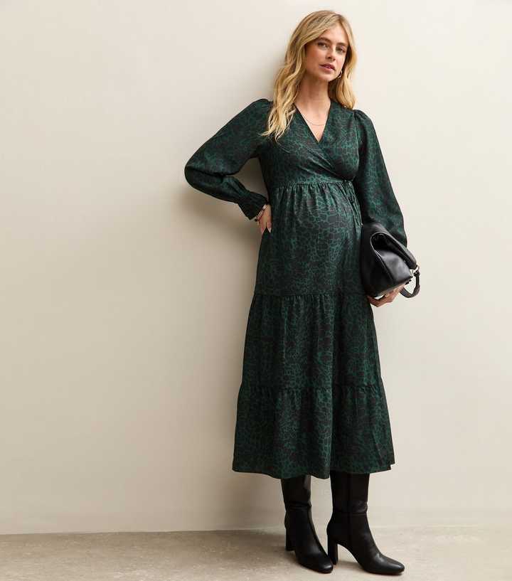 Maternity Dark Green Animal Print Crepe Wrap Midi Dress