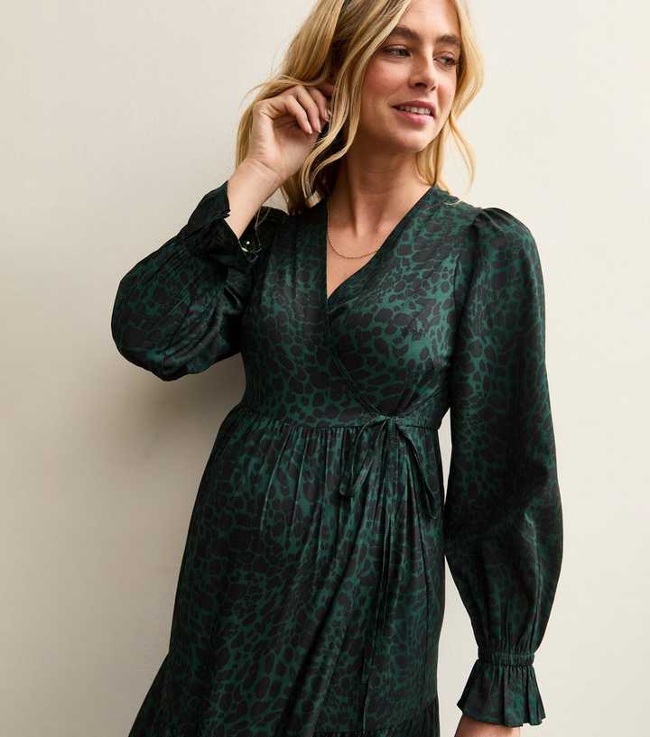 dark green animal print dress Maternity Crepe Wrap Midi Maxi dress