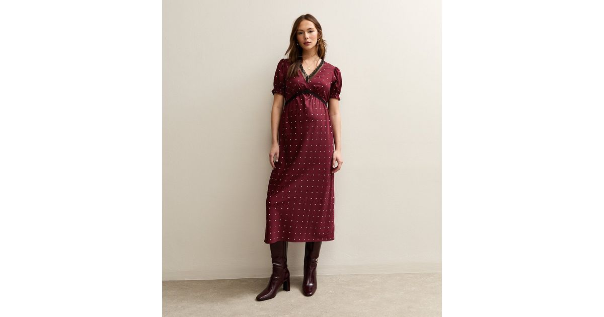 Maternity Red Polka Dot Lace Trim Midi Dress | New Look