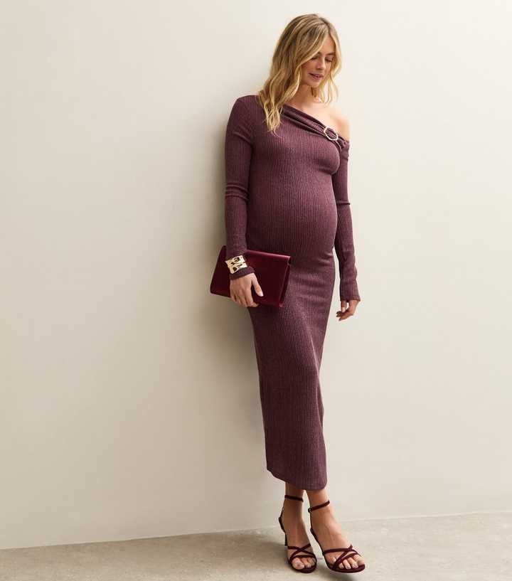 Maternity Dark Burgundy Off Shoulder Midi Dress | New Look Maternity Dark Burgundy Off Shoulder Midi Dress | New Look