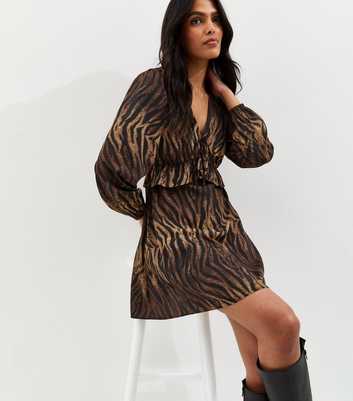 Brown Zebra Print Frilly Trim Mini Dress