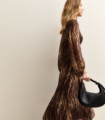 Brown Chiffon Zebra Print Long Sleeve Midi Dress